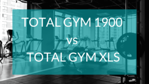 Text reads Total Gym 1900 vs XLS. In the background is a gym.
