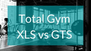 Total Gym XLS vs GTS text overlaid on an image of a gym